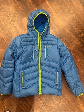 Marmot Blue Hooded Down Jacket with Neon Lime Accents